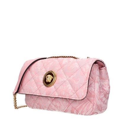 Versace Pink Fabric Shoulder Bag with gold chain and front detail.