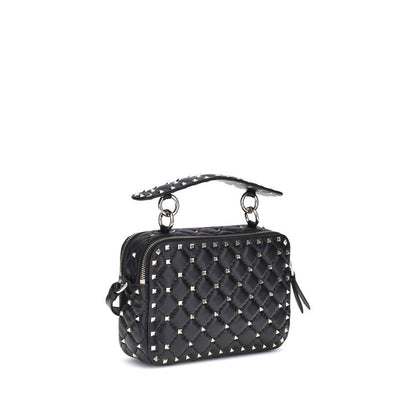 Valentino Garavani Black Lamb Ovis Aries Aries Shoulder Bag, quilted with gold-tone studs and removable studded leather handle.