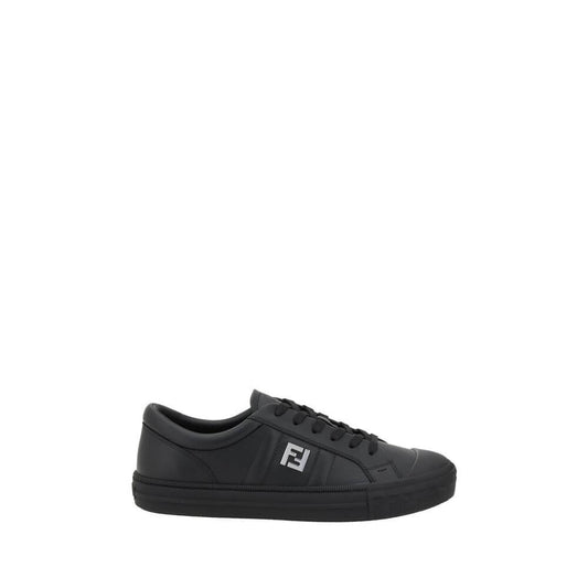 Fendi Black Calf Leather Bos Taurus Athletic Sneakers with iconic logo on side view, featuring lace-up closure and flat sole.