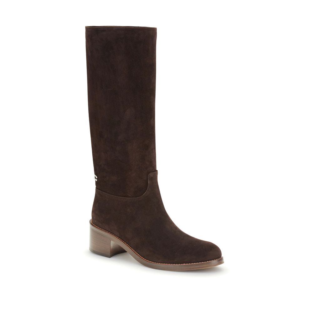 Carel Paris Brown Leather High Heel Boots with equestrian style, round toe, 5 cm heel, knee-high design, and iconic C applique.