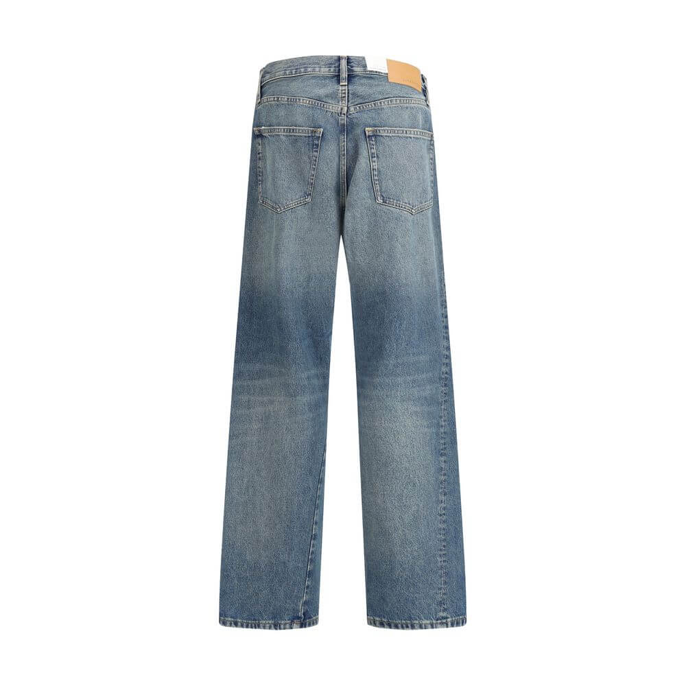 Sunflower Blue Cotton Jeans Denim featuring wide twist design with vintage wash and recycled metal trim, back view.