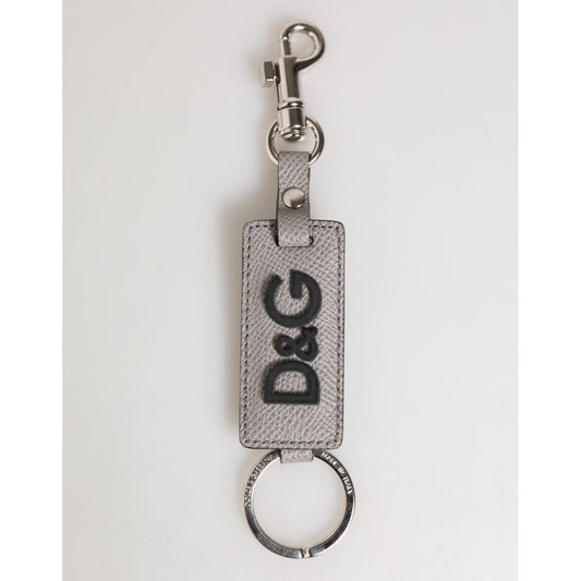 Dolce & Gabbana Gray Leather Logo Metal Ring Keychain Holder Men Keyring