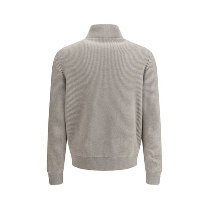 Rear view of Brunello Cucinelli Gray Leather Jacket with knit sleeves and ribbed design, showcasing modern elegance and comfort.