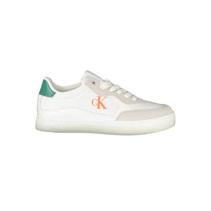 Calvin Klein White Leather Men Sneaker with lace-up design and iconic logo, showcasing avant-garde style and customizable comfort.