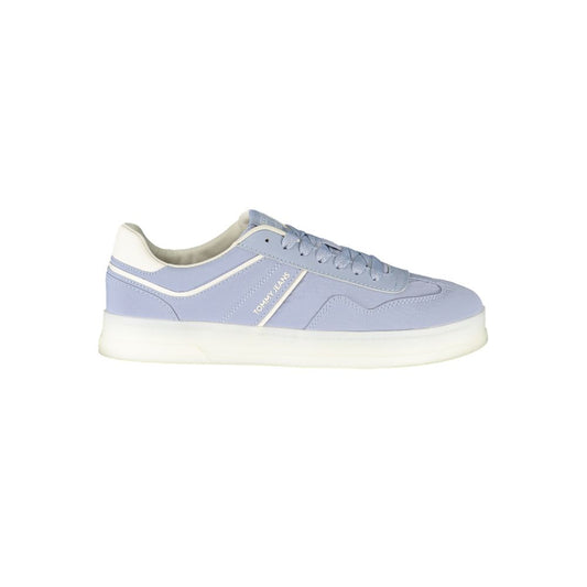 Tommy Hilfiger Blue Leather Women Sneaker with white accents, durable and stylish sports shoes featuring a removable footbed.