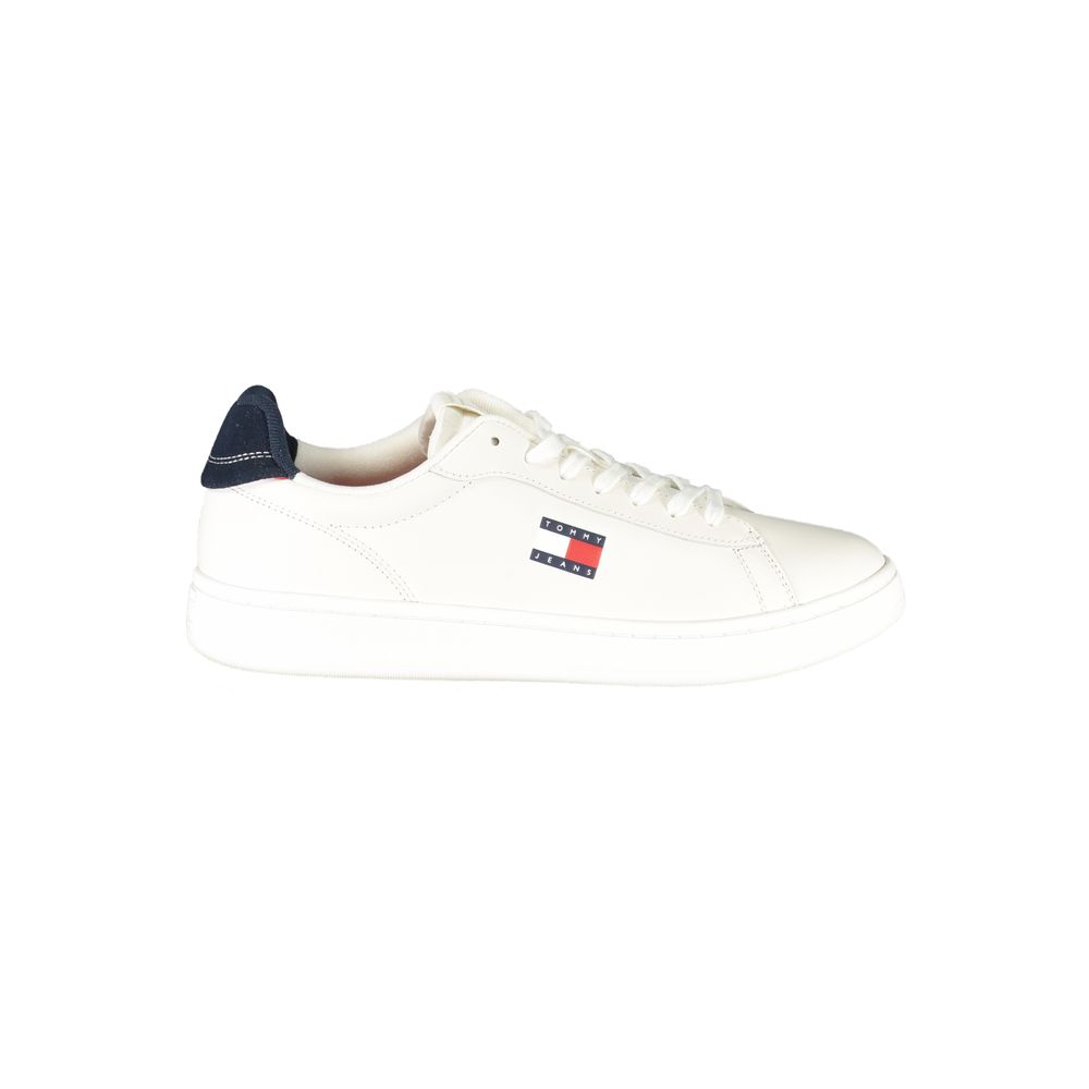 Tommy Hilfiger White Leather Men Sneaker with blue accents and logo, side view