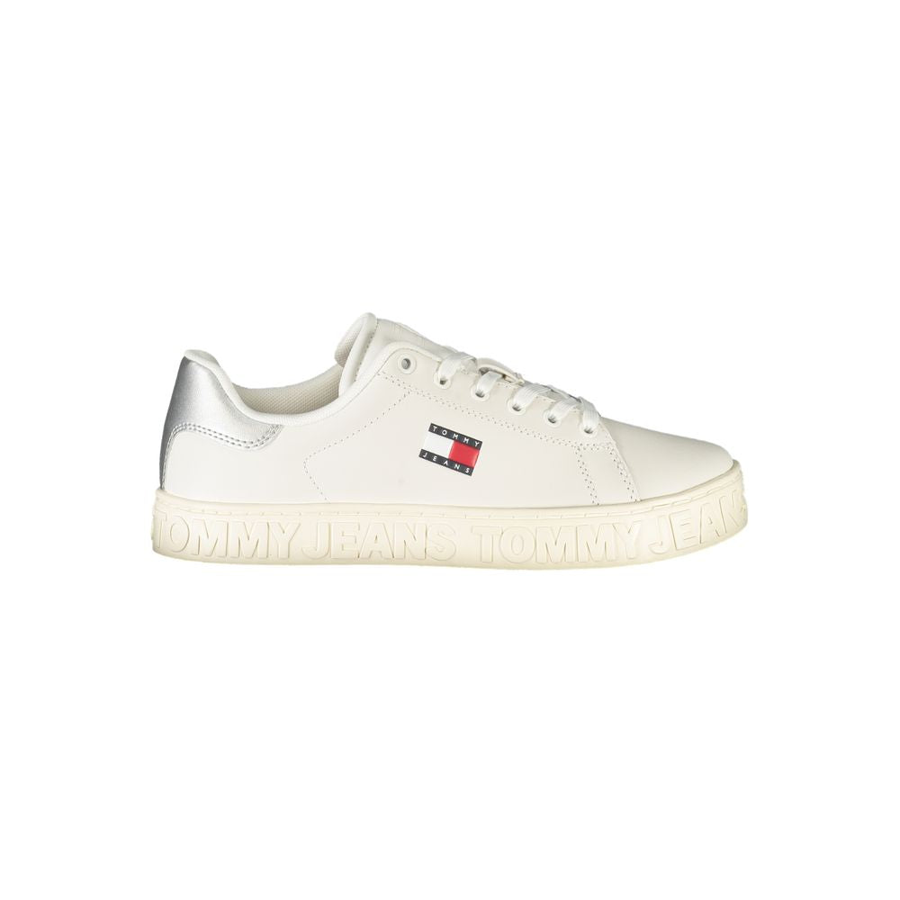 Tommy Hilfiger White Leather Women Sneaker with silver accents and logo, perfect for style and comfort.