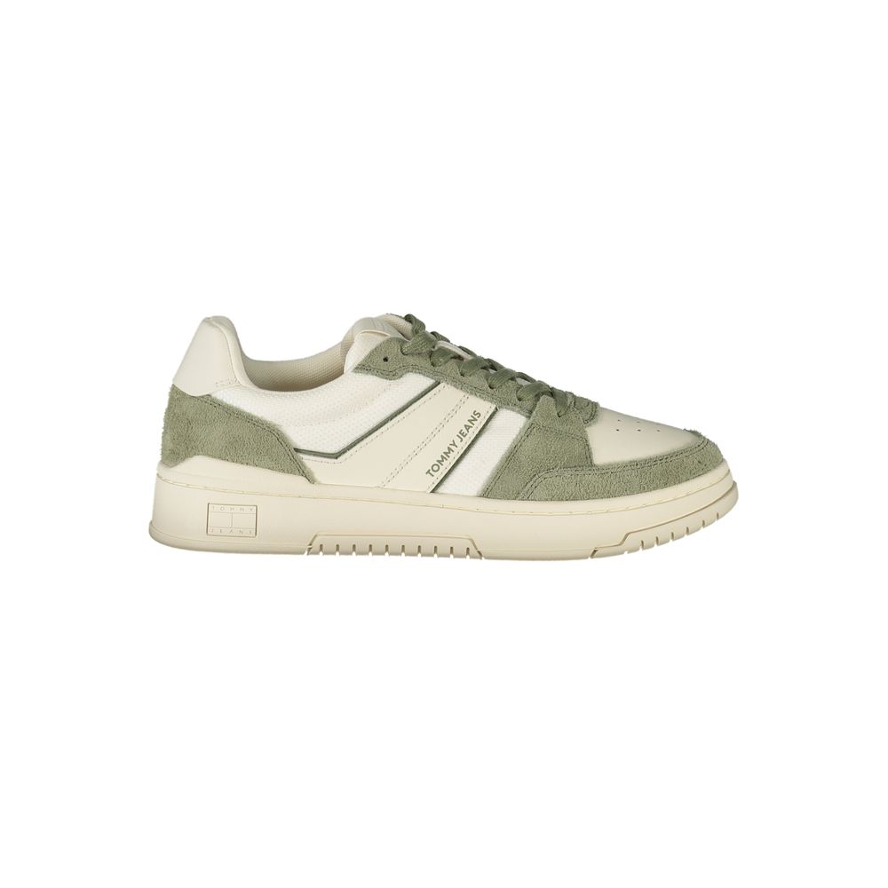 Tommy Hilfiger White Leather Men Sneaker with green accents, offering a blend of sporty sophistication and comfort.