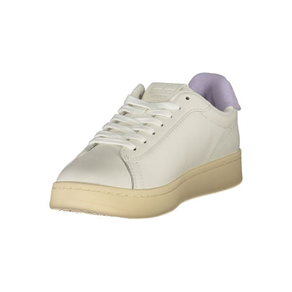 Tommy Hilfiger White Leather Women Sneaker with wisteria accents and signature logo, crafted for comfort with removable footbed.