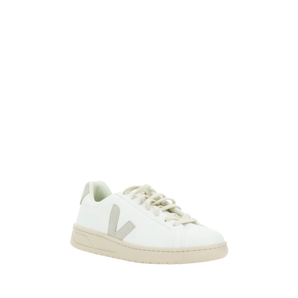 Veja White Rubber Low Top Sneakers with round toe, lace-up closure, logo patch, calfskin upper, rubber sole, and contrasting heel patch.
