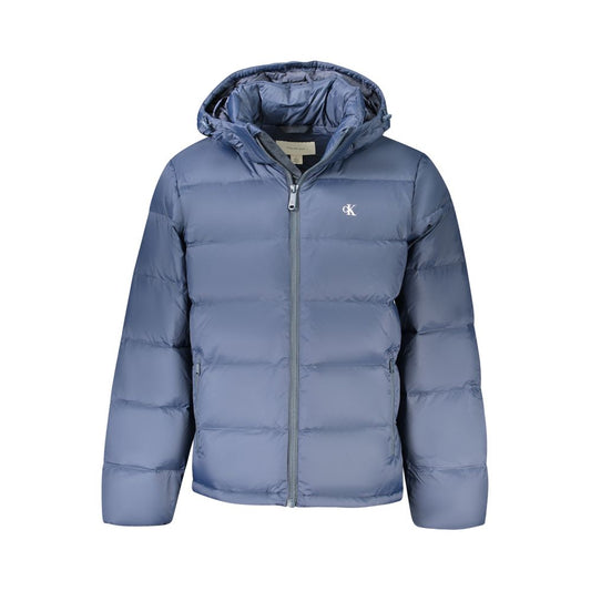 Calvin Klein Blue Polyamide Men Jacket with removable hood and wind-resistant design.