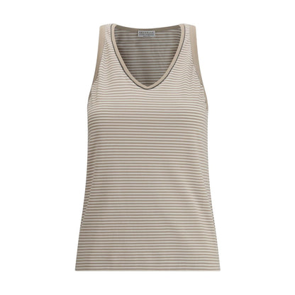 Brunello Cucinelli Beige Cotton Top with wide neckline and subtle stripes, elegant design for AW25 season.