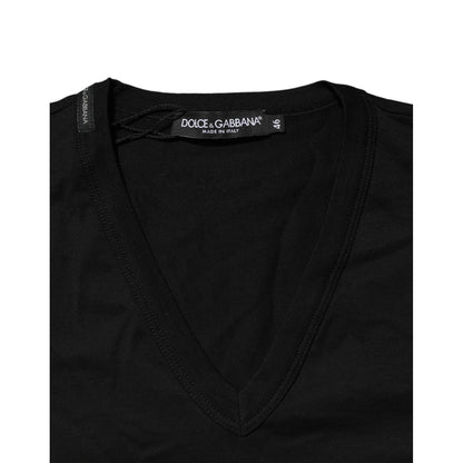 Dolce & Gabbana Black Cotton Plain V-Neck Men Shirt T-shirt