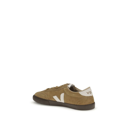 Veja Brown Leather Sneakers with retro volleyball design, side-stitched "V" logo, and flat sole for comfort, AW25 collection.