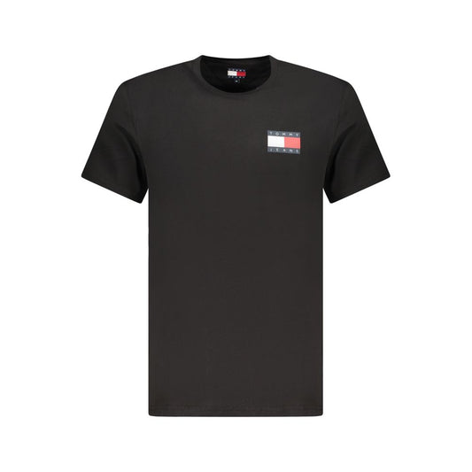 Tommy Hilfiger Black Cotton Men T-Shirt with branding and crew neck for stylish and eco-conscious fashion.