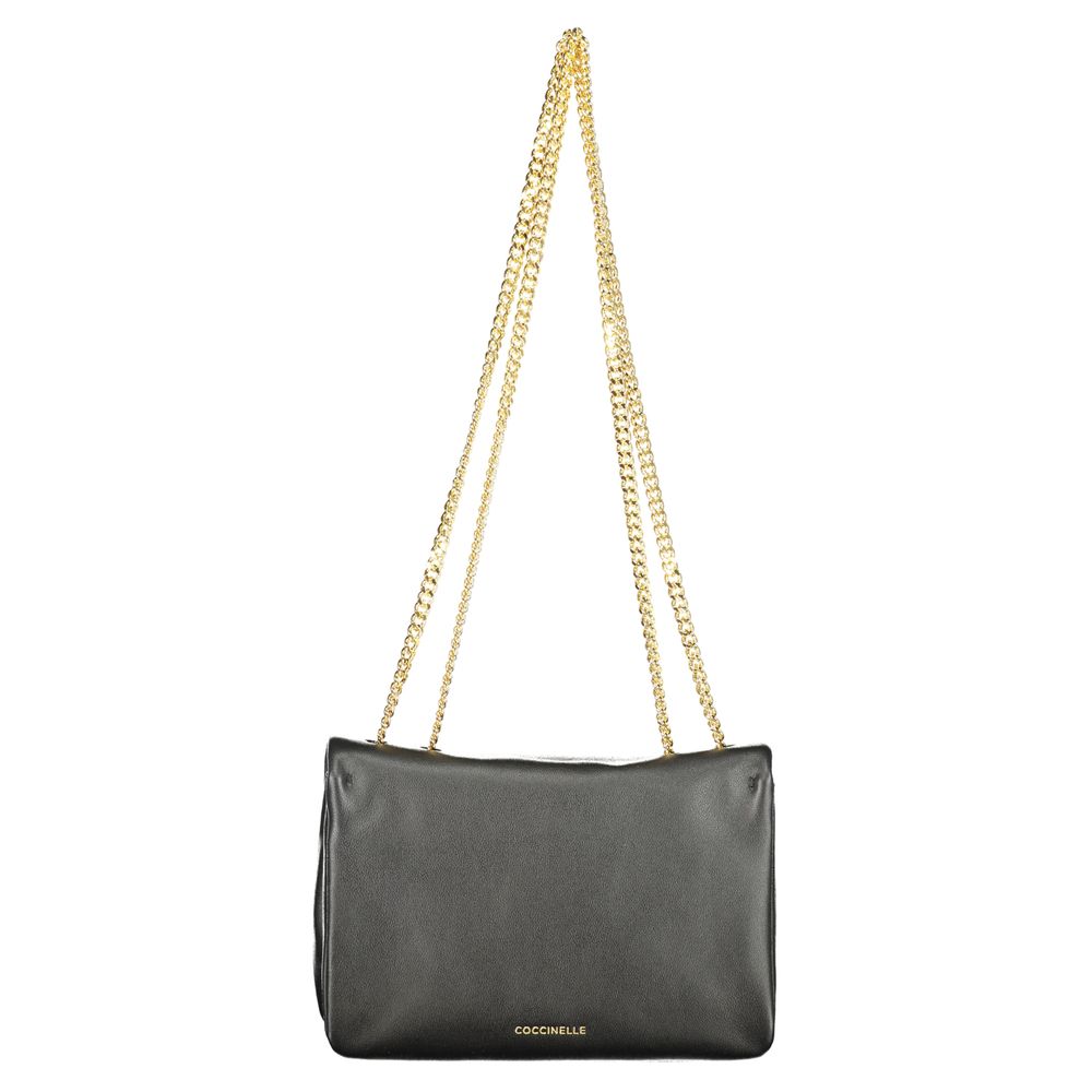 Coccinelle Black Leather Women Handbag with golden chain shoulder straps, showcasing luxury Italian design and sophistication.