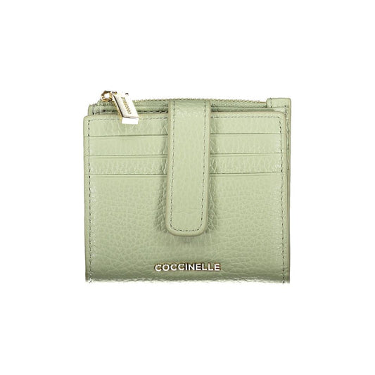 Coccinelle Green Leather Women Wallet with zip and snap closures, showcasing Italian craftsmanship and elegant design.