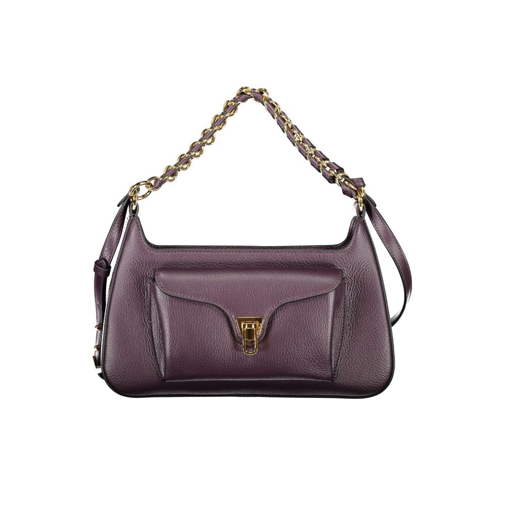Coccinelle Purple Leather Women Handbag with chain strap and adjustable shoulder option, featuring iconic logo accent and Italian craftsmanship.