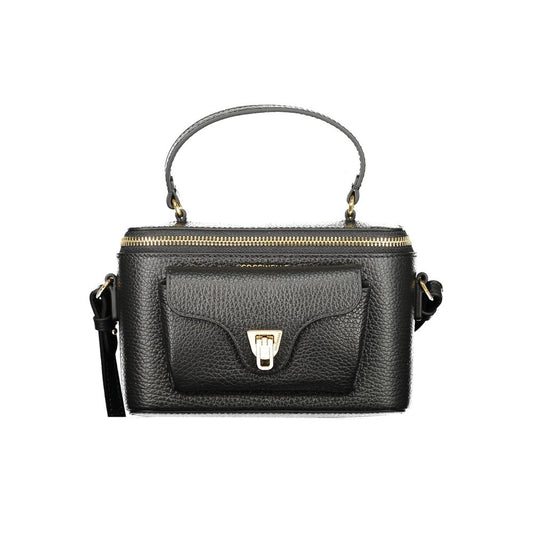Coccinelle Black Leather Women Handbag with a chic design, featuring a swivel and zip closure, black hue, and distinctive logo.