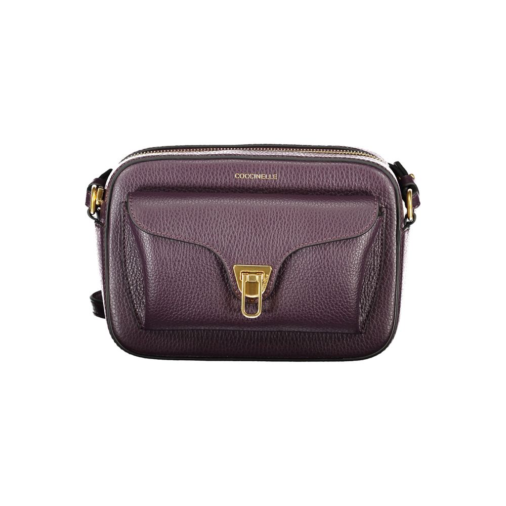 Coccinelle Purple Leather Women Handbag with gold twist closure and adjustable strap, showcasing Italian craftsmanship.