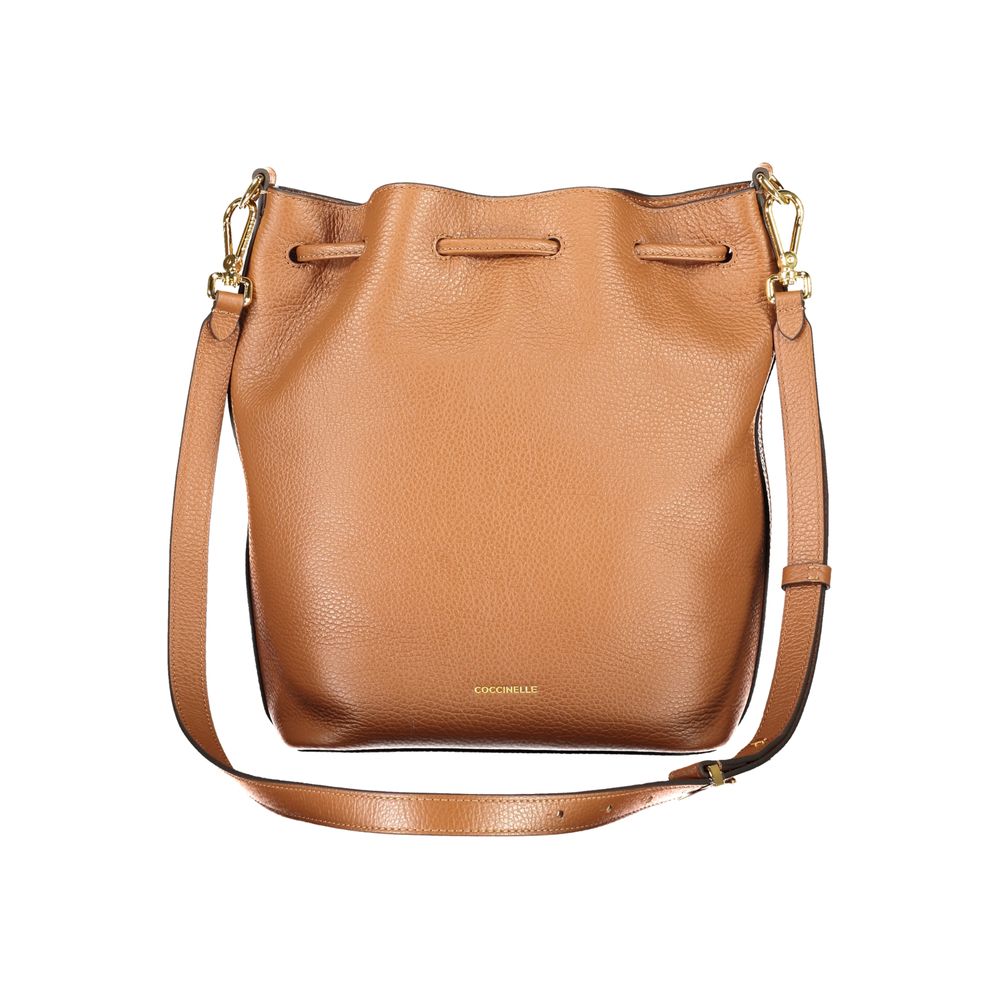Coccinelle Brown Leather Women Handbag with adjustable shoulder strap and twist closure, showcasing Italian craftsmanship, front view.
