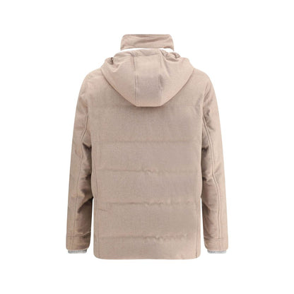Brunello Cucinelli Beige Cashmere Coat with hood, back view highlighting warmth and elegant design.