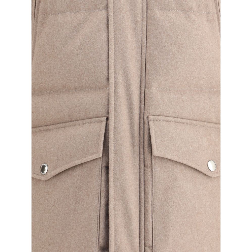 Close-up of Brunello Cucinelli Beige Cashmere Coat showcasing flap pockets and luxurious fabric texture.