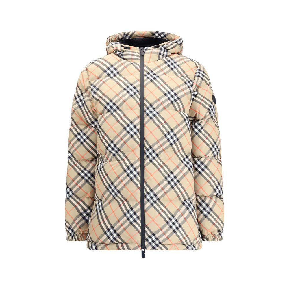 Burberry Beige Polyester Full-Length Jacket with iconic check pattern and adjustable hood, ideal for combining style with functionality.