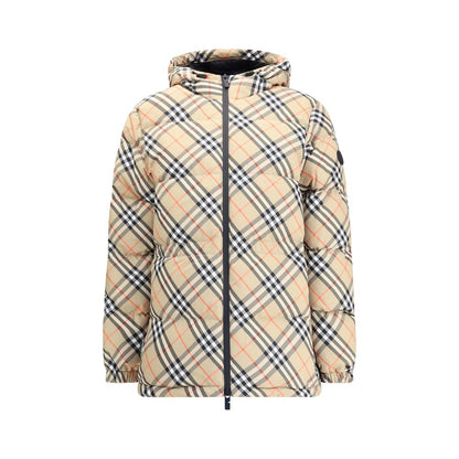 Burberry Beige Polyester Full-Length Jacket with iconic check pattern and adjustable hood, ideal for combining style with functionality.