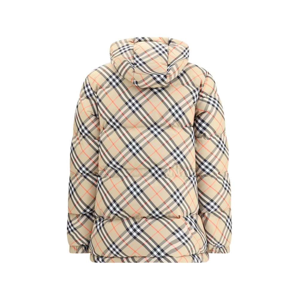 Burberry Beige Polyester Full-Length Jacket with iconic Burberry Check pattern, hooded design, adjustable features, and side pockets.