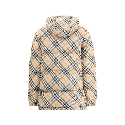 Burberry Beige Polyester Full-Length Jacket with iconic Burberry Check pattern, hooded design, adjustable features, and side pockets.