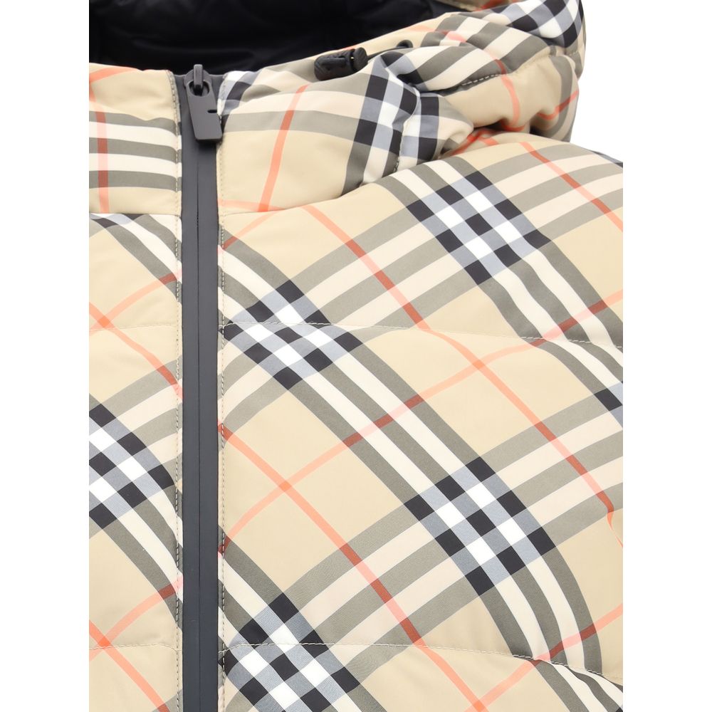 Burberry Beige Polyester Full-Length Jacket with iconic check pattern, adjustable hood, and silicone label featuring Equestrian Knight Design.