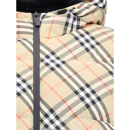 Burberry Beige Polyester Full-Length Jacket with iconic check pattern, adjustable hood, and silicone label featuring Equestrian Knight Design.