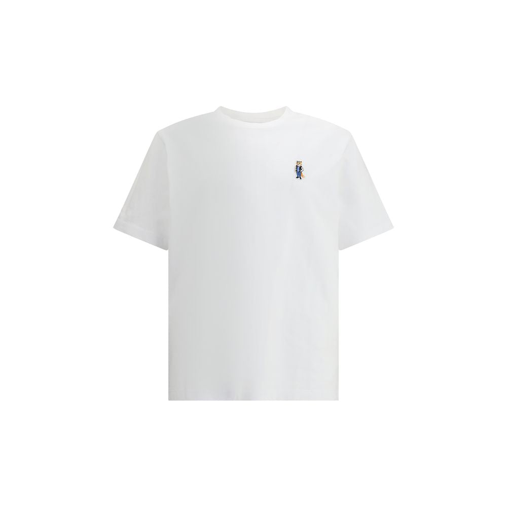Maison Kitsuné White Cotton T-Shirt with embroidered Dressed Fox patch on chest, featuring ribbed crew neck and short sleeves for everyday wear.