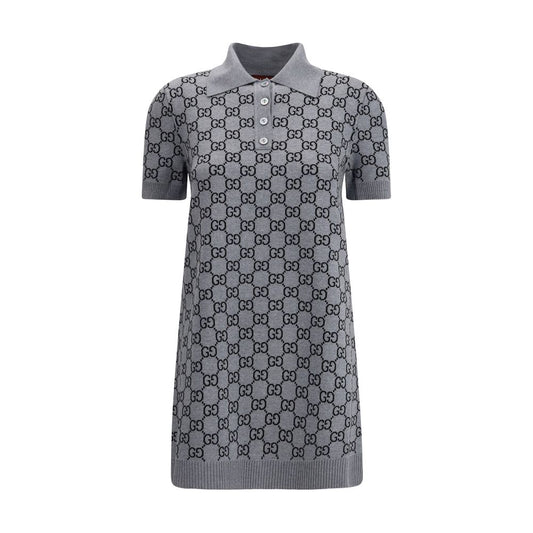 Gucci Gray Wool Casual Dress with GG Supreme pattern and ribbed collar, perfect for a sporty and chic look.