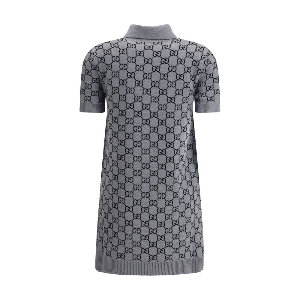 Back view of Gucci Gray Wool Casual Dress with GG Supreme pattern and ribbed collar, highlighting its sporty and elegant design.
