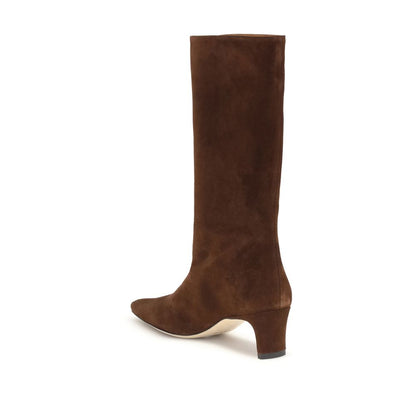 Staud Brown Lamb Ovis Aries Aries Ankle Boots in suede, sleek silhouette, sharp toe, feminine slim heel, calf-height shaft
