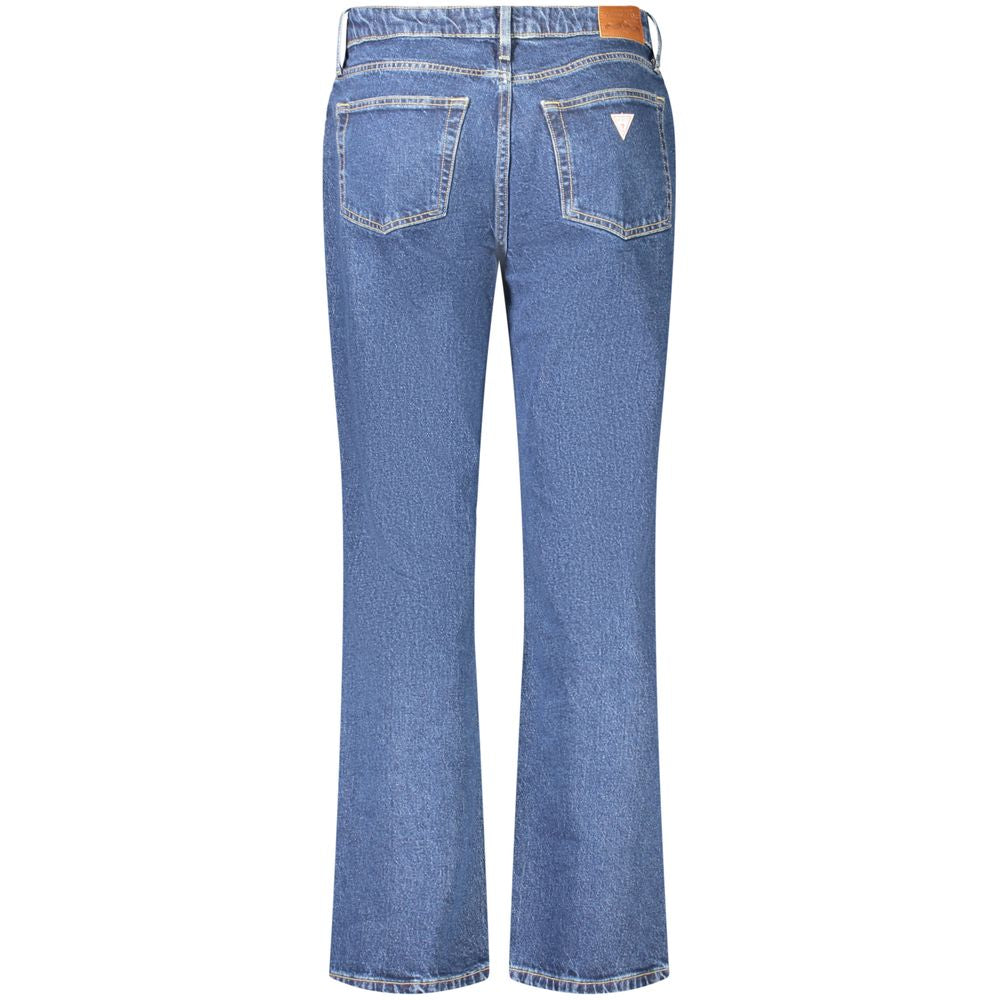 Back view of Guess Jeans Blue Cotton Women Jeans, mid-rise straight fit with logo detail, made from cotton and spandex, stylish and chic.