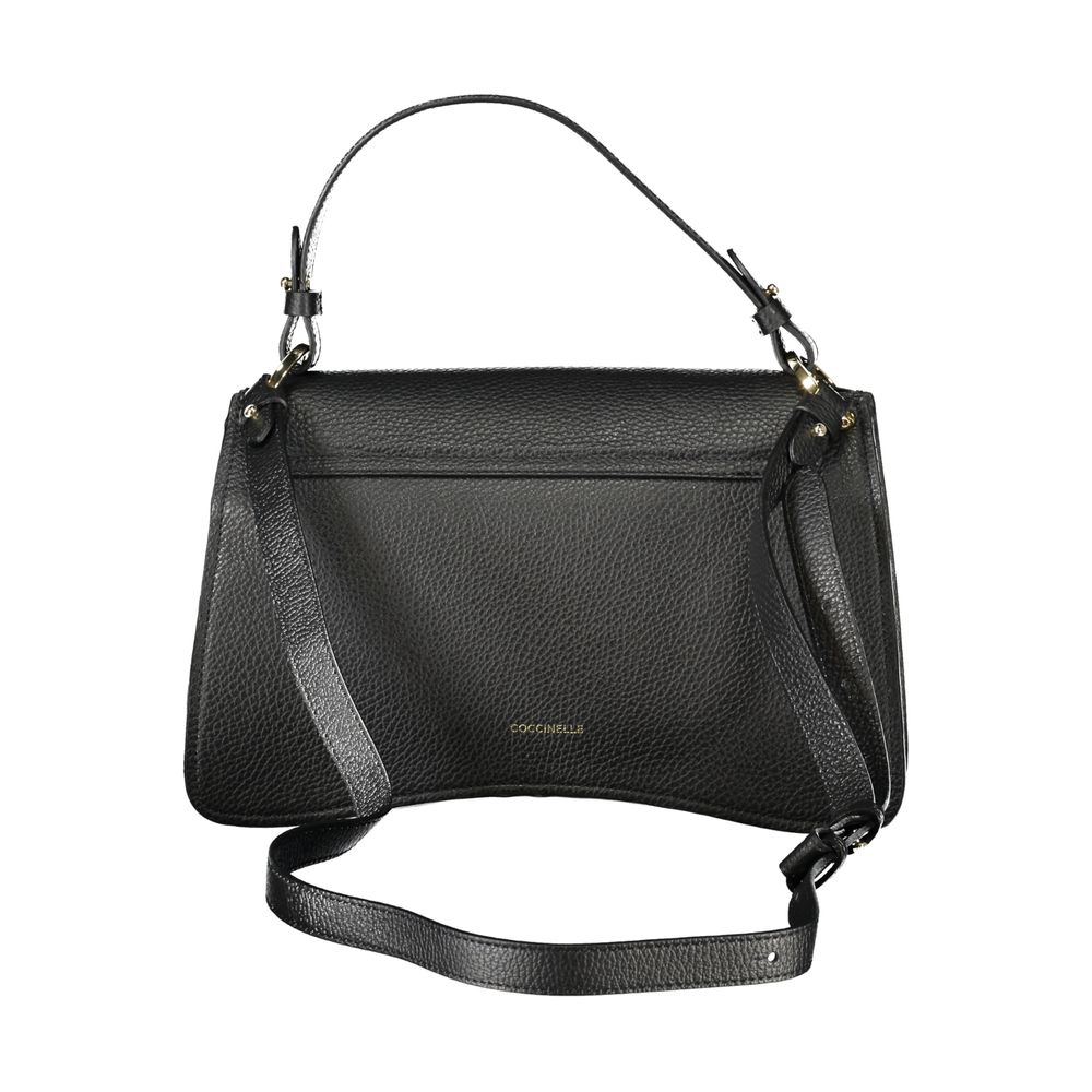 Coccinelle Black Leather Handbag with adjustable strap and multiple compartments, showcasing back design and logo.