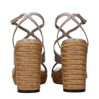 Jimmy Choo Gray Leather Wedge Sandals with logo and vintage effect, back view showcasing heel and strap details.