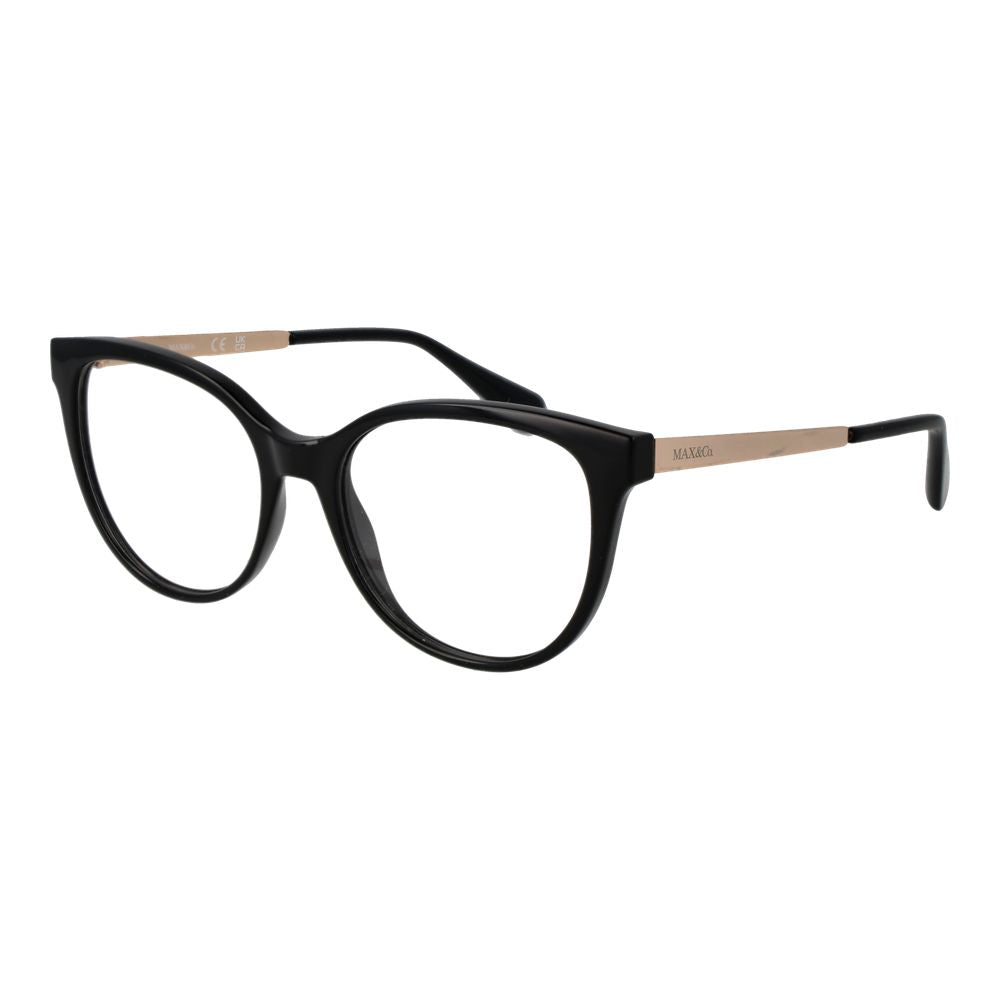 Max & Co Black Women Glasses Frame in full-rim round style, black plastic frame and temples, demo lenses, width 135mm, includes branded case.