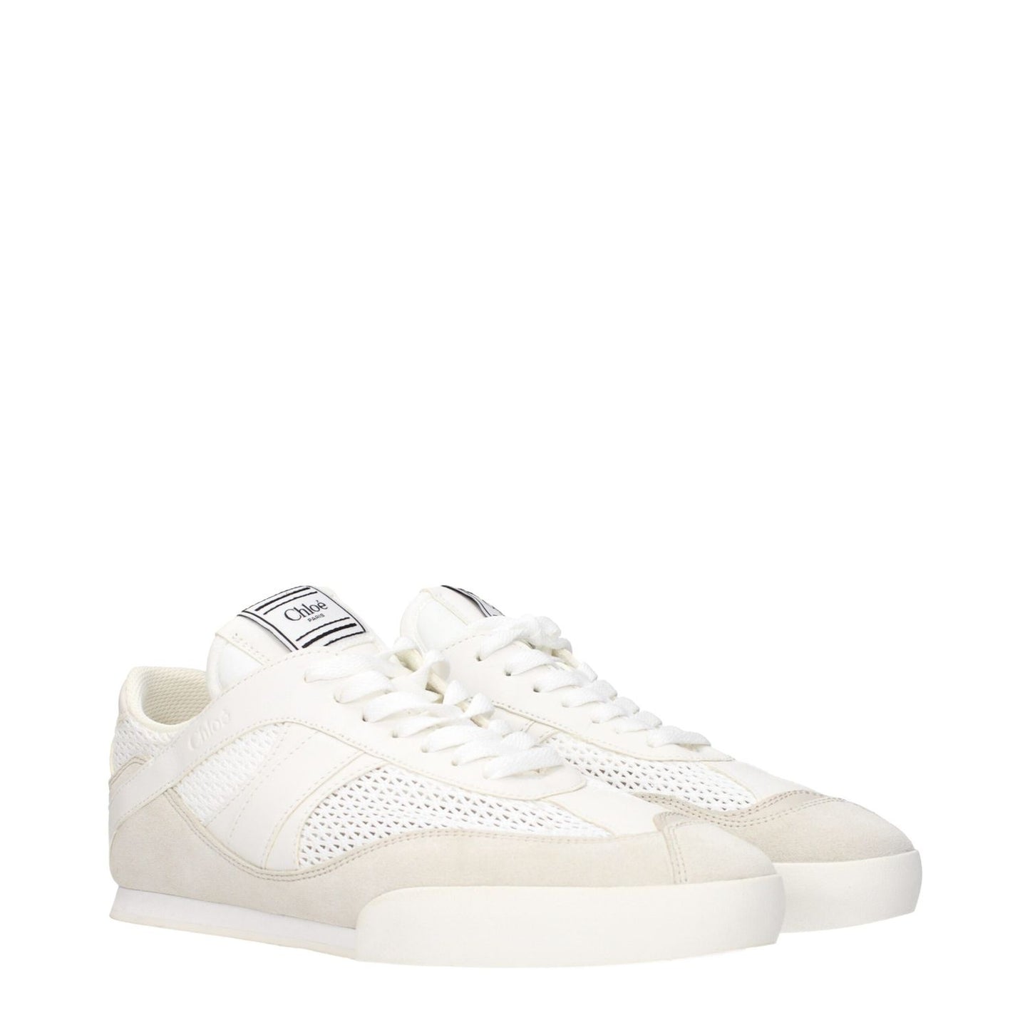 Chloé White Fabric Low Top Sneakers with logos on front, side, and back, featuring MPN CHC25S07IPL20S, code F84230.