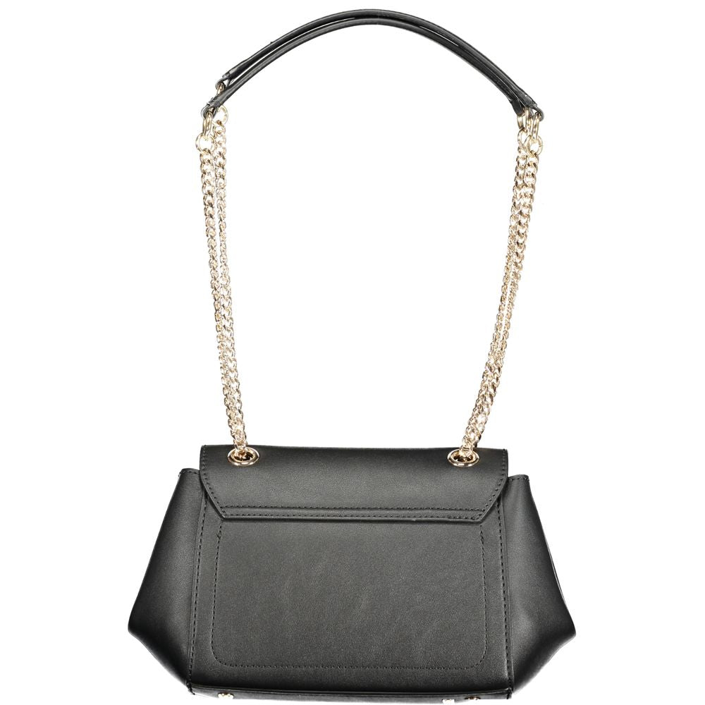 Guess Jeans Black Polyethylene Handbag with chain shoulder handles, zip closure, and logo, featuring two compartments and internal pocket.