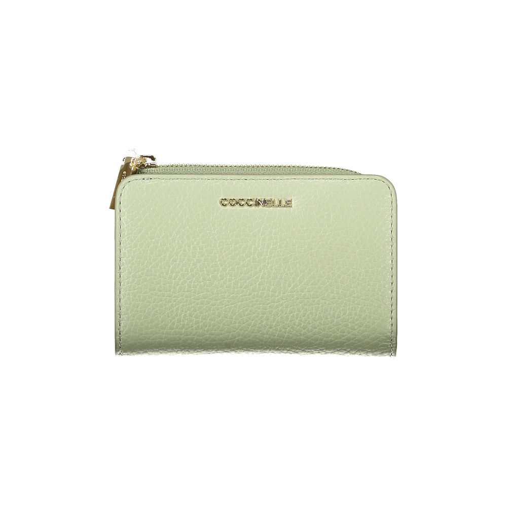 Coccinelle Green Leather Women Wallet with logo and zip closure, showcasing premium design and functionality.
