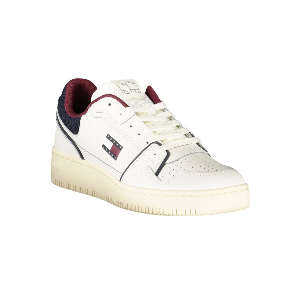 Tommy Hilfiger White Leather Men Sneaker with iconic logo, stylish design, and contrasting details for ultimate comfort and fashion.