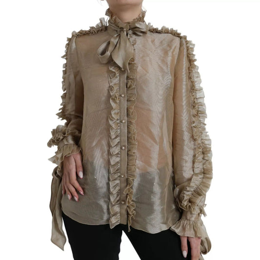 Dolce & Gabbana Gold Ascot Collar Ruffles Blouse Top TSH852006-46