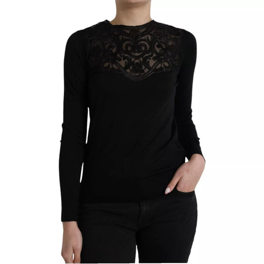 Dolce & Gabbana Black Silk Lace Trim Long Sleeves Blouse Top TSH852014-40