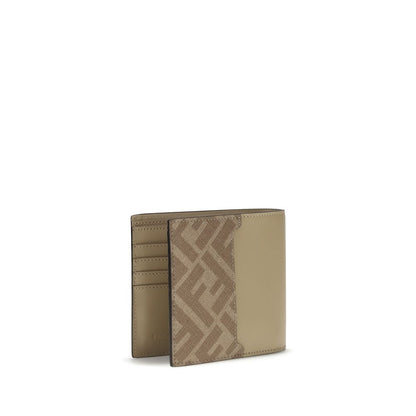 Fendi Beige Calf Leather Bos Taurus Wallet with FF Canvas details and palladium-finished metal motif for AW25.