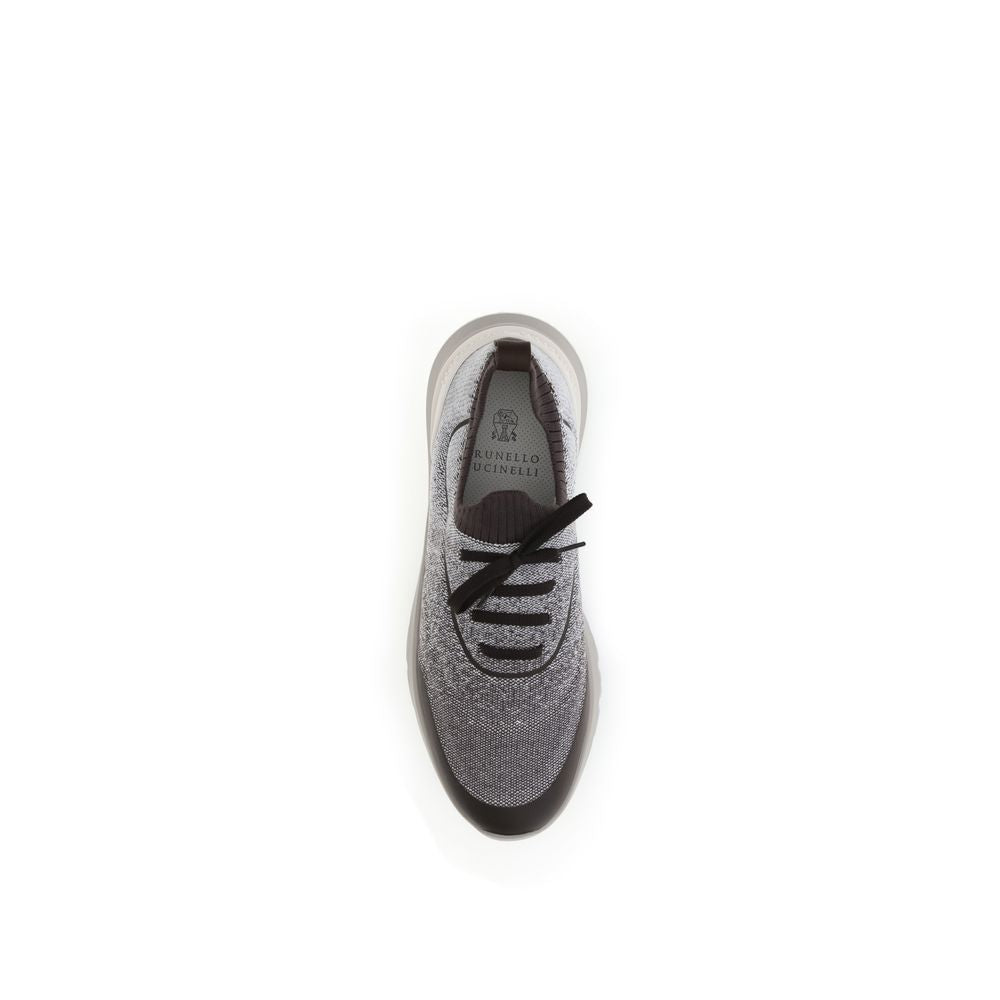 Brunello Cucinelli Gray Cotton Athletic Sneakers with lace-up closure and breathable techno cotton knit, offering comfort and style.