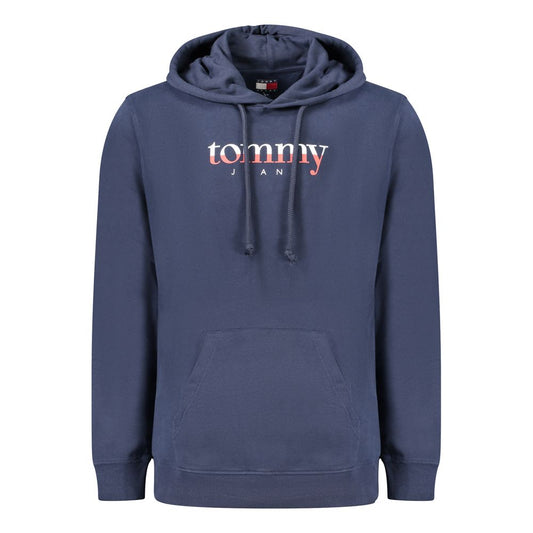 Tommy Hilfiger Blue Cotton Men Sweater with hood, central pocket, and logo, crafted from 95% regenerative cotton for eco-friendly comfort.